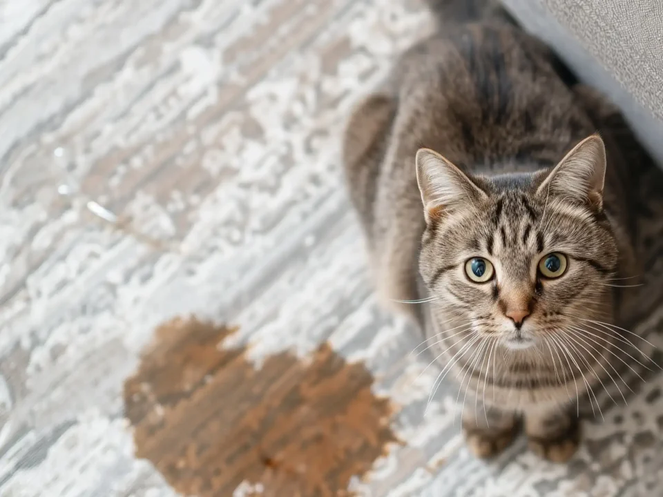 Katze sitzt neben einem Urinfleck auf dem Teppich.